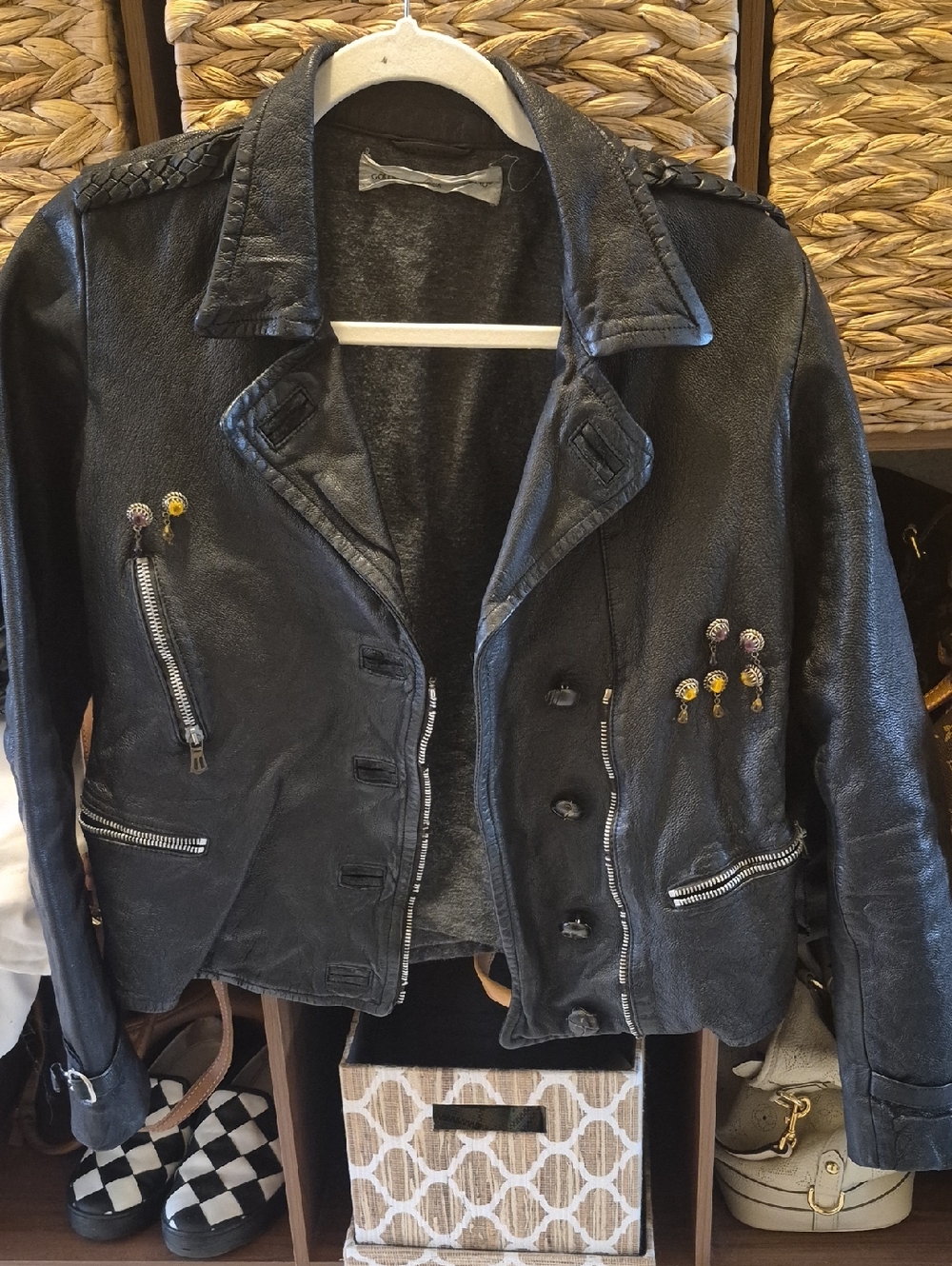Golden Goose Black Leather Moto Jacket with Stud Embellishments